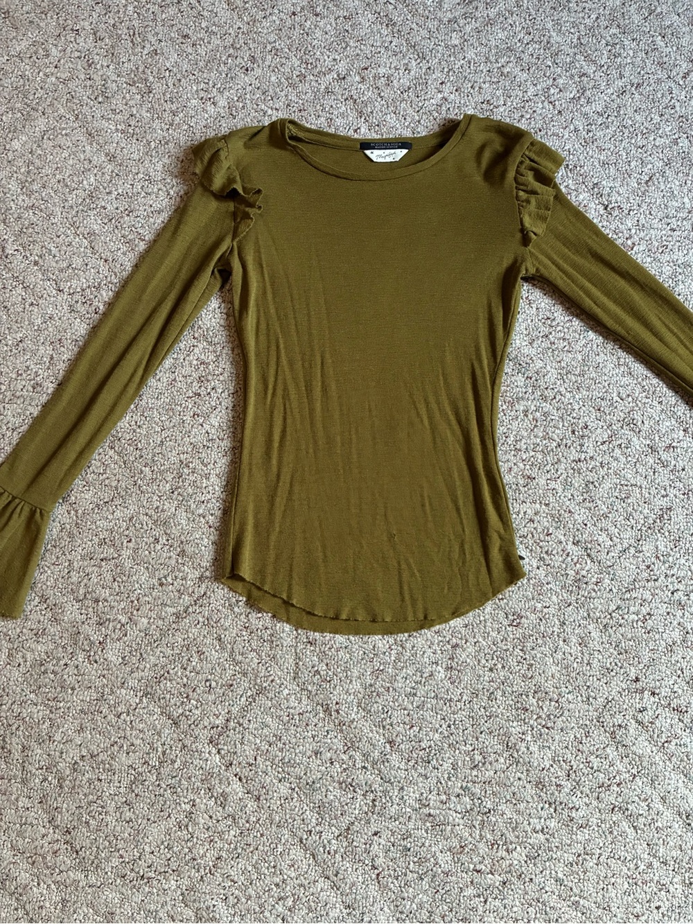 Scotch & Soda Olive Green Ruffle-Shoulder Long Sleeve Top